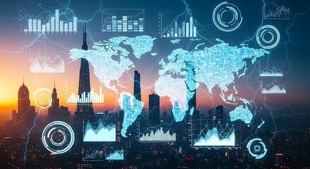 A cityscape with digital data overlays, representing global business and technology.