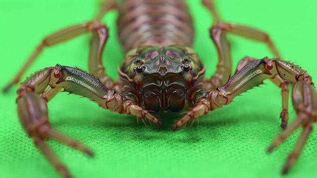 Tailless Whip Scorpion (Amblypygi) Macro Close-up on Vivid Green Background, Exotic Arachnid Detail, Creepy Creature Front View