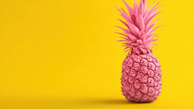 A bright pink pineapple is prominently featured on a vivid yellow background, creating a striking and cheerful visual display perfect for attracting attention and evoking joy.