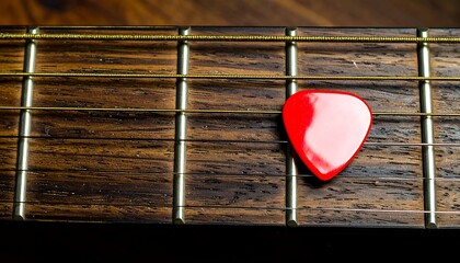 Red guitar pick on fretboard (1)