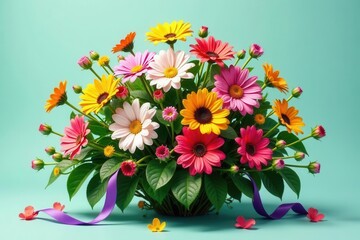 Obraz premium A vibrant bouquet of multicolored daisies arranged in a lush green foliage, adorned with a purple ribbon, rests on a serene teal background