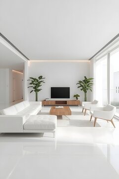 Bright modern minimalist living room interior with white furniture, large windows, natural light, indoor plants, and elegant decor creating a clean contemporary home atmosphere