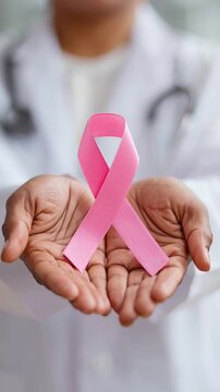 Pink ribbon held in caring hands symbolizes breast cancer awareness support with hope and compassion from medical professionals promoting health and strength in fight against cancer