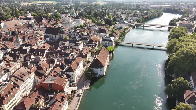 aerial view of olten old town with bridges crossing river in switzerland