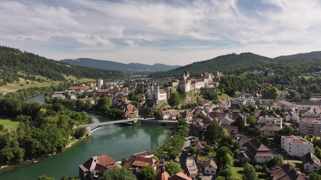 aerial view of aarburg castle and church overlooking aare river switzerland