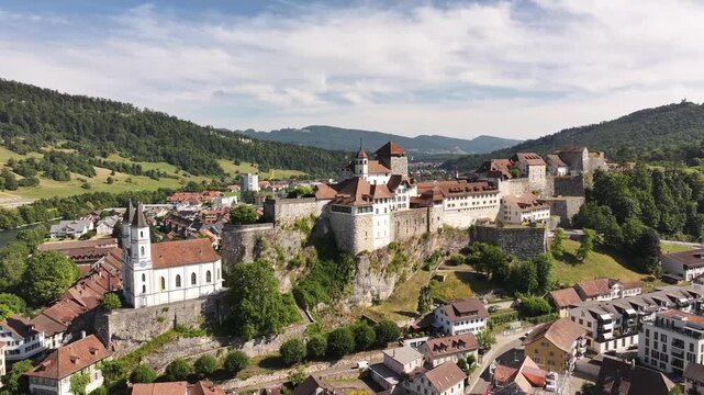 aerial view of aarburg castle and church overlooking aare river switzerland