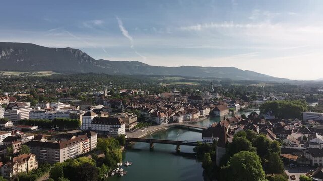 aerial view of olten city and bridge crossing river in switzerland
