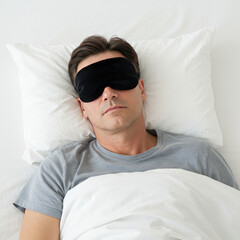 Man Sleeping Peacefully With Eye Mask And Blanket, White Background