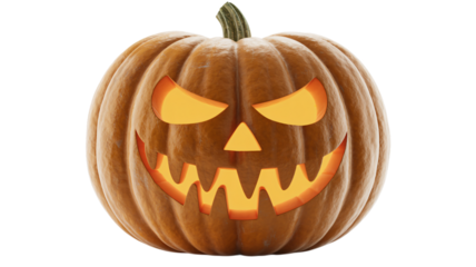Spooky carved pumpkin glows with eerie orange light, perfect for Halloween celebrations and seasonal decor.