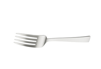 A sleek stainless steel fork with a reflective finish and a slightly curved handle. 3D Illustration