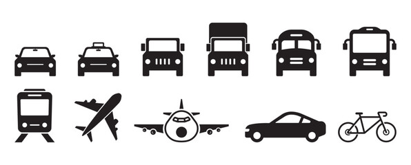 Set of Transportation Vehicle Icons Including Cars, Buses, and Airplanes. vector illustration