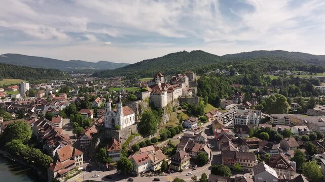 aerial view of aarburg castle and church on hill above swiss town
