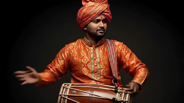 A handsome Indian musician in a traditional orange turban and kurta plays a rhythmic beat on a dhol drum against a dark studio background.