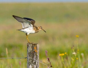 A small brown and white bird with wings partially spread, perched atop a weathered wooden post in a vibrant green field