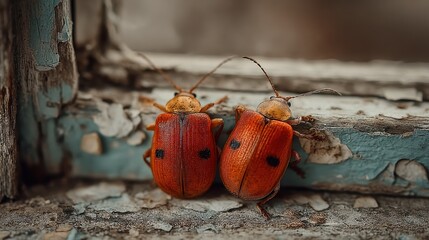 Close-Up of Colorful Red Beetles with Black Dots Resting on Weathered Wooden Surface in a Natural Habitat Environment