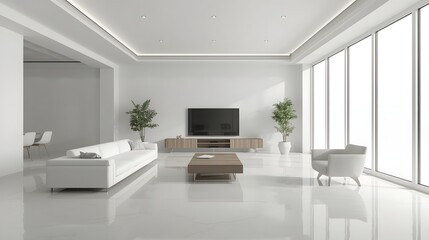 Fototapeta premium Bright modern minimalist living room interior with white furniture, large windows, natural light, indoor plants, and elegant decor creating a clean contemporary home atmosphere