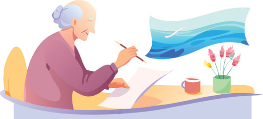 An elderly man focused on drawing on a piece of paper, showcasing his artistic skills and concentration.