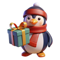 3D Penguin-Shaped Gift Box Wrapped in Festive Scarves and Hats Isolated on Transparent Background