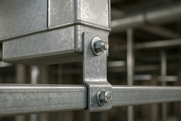 Metal bracket and bolt secure air duct with engineering strength and mechanical stability ensuring reliable construction work