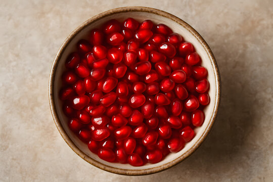 Jewel-Toned Feast: A high-angle shot showcases a full bowl bursting with glistening, ruby-red pomegranate seeds, a visual feast of freshness and natural beauty.