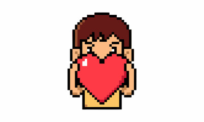 woman hugging heart shaped cartoon pixel illustration