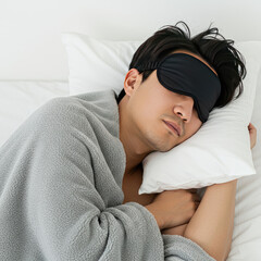 Man Sleeping Peacefully With Eye Mask And Blanket, White Background
