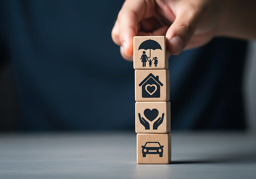 Hand stacking wooden blocks with icons for family, home, health, and car insurance. Concept of comprehensive protection, financial planning, security, and risk management for life's assets.