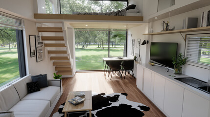 Bright modern living room with open kitchen and large window overlooking garden. Interior design concept