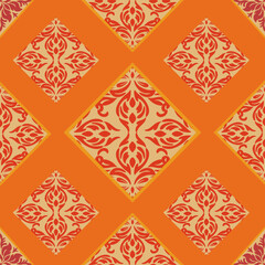 Seamless Thai-inspired ornamental diamond pattern in warm orange and red tones, ideal for fabric prints, wallpaper, and traditional-themed designs. Vector illustration.