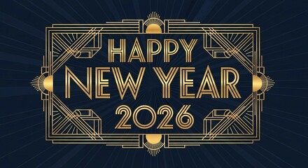 Happy New Year 2026 text in an elegant gold Art Deco frame on a dark blue background.