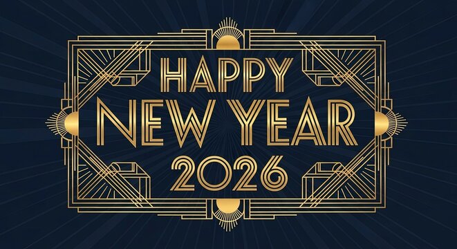 Happy New Year 2026 text in an elegant gold Art Deco frame on a dark blue background. - Powered by Adobe