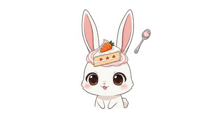 Cute bunny with a slice of cake on its head and a spoon isolated on white background