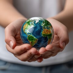A person holds a glass earth globe, representing global awareness and the importance of environmental protection