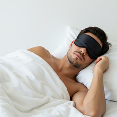 Man Sleeping Peacefully With Eye Mask And Blanket, White Background