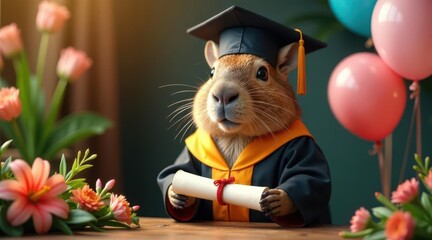A fluffy rodent in academic regalia, holding a diploma, surrounded by celebratory balloons and blossoming flowers, signifies the achievement of academic excellence and the joy of graduation.