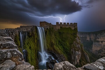 Fototapeta premium moss-covered castle ramparts tower under a stormy sky, their weathered stones draped in emerald-green vegetation as lightning fractures the charcoal clouds above