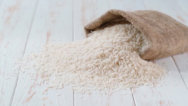 basmati rice in sack on a white background. basmati rice spilled out of the bag a wooden table.
long white rice basmati in sack on a light kitchen table. Natural basmati rice are scattered out of the