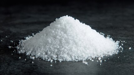 Pile of coarse salt rests on a dark countertop, showcasing its fine crystals and texture, often used in cooking and food preparation to enhance flavors.