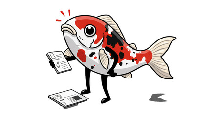 A surprised koi fish with human legs and arms reads a document, reacting with shock to the news it discovers.