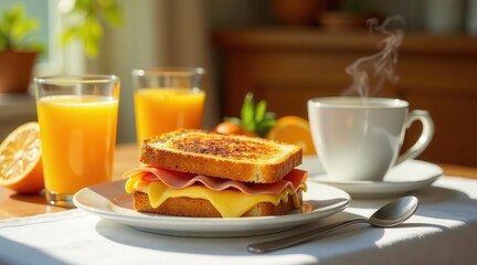 A delightful morning meal featuring a toasted cheese and ham sandwich, accompanied by a glass of fresh orange juice and a warm beverage.