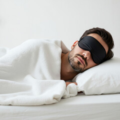 Man Sleeping Peacefully With Eye Mask And Blanket, White Background