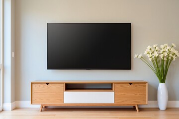 Blank Screen smart TV Mockup on a solid colored wall with white flowers 
