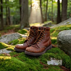 A pair of wellworn leather hiking boots sit on a mossy rock in a sunlit forest, symbolizing outdoor adventures