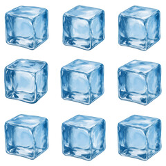 Isometric Arrangement of Nine Transparent Ice Cubes with Cold Fresh Water