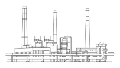 Fototapeta premium Detailed Architectural Line Drawing of a Large Industrial Plant Facility or Factory