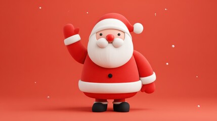 A jolly Christmas character wearing a red suit and white beard waves happily, set against a vibrant red background with falling snowflakes.