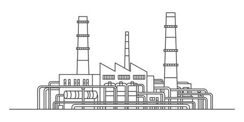 Industrial Factory Outline Illustration, Detailed Production Plant Structure Depiction