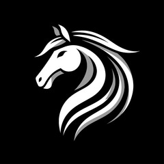 Minimalist black and white horse head logo illustration with sleek flowing mane symbolizing elegance freedom and speed