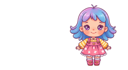An adorable cartoon girl with bright blue and purple hair smiles cheerfully, wearing a cute pink dress and striped shirt, radiating youthful happiness.
