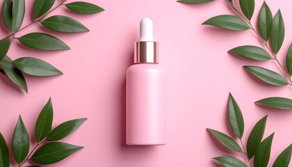 Pink Skincare Dropper Bottle Mockup with Green Leaves o